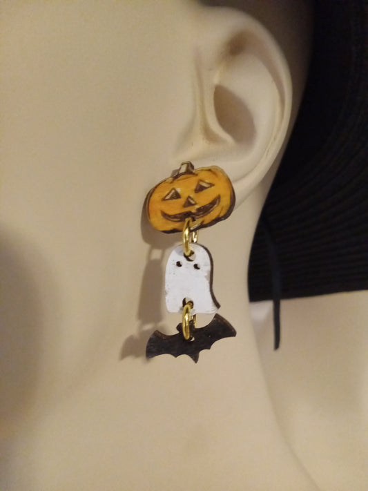 Pumpkin ghost bat post earring