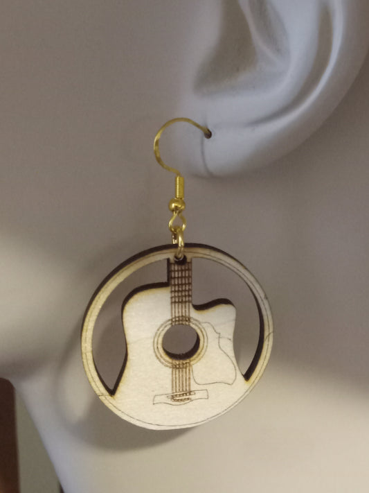 (0105) Circular shaped, double sided, dangle earrings with guitar insert